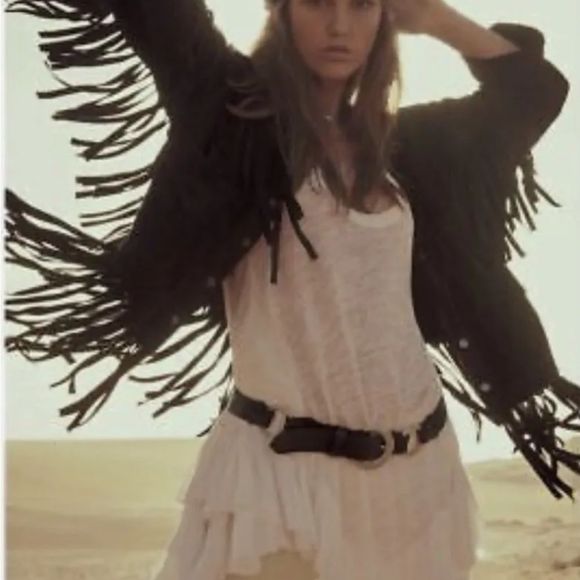 Free People The Lucky Ones Suede Jacket Fringed Studded Snap Front Black - Picture 5 of 7